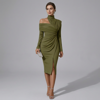 Elegant High Neck Ruched Party Midi Dress