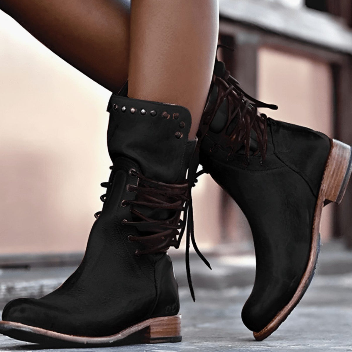 Studded Lace-Up Ankle Boots