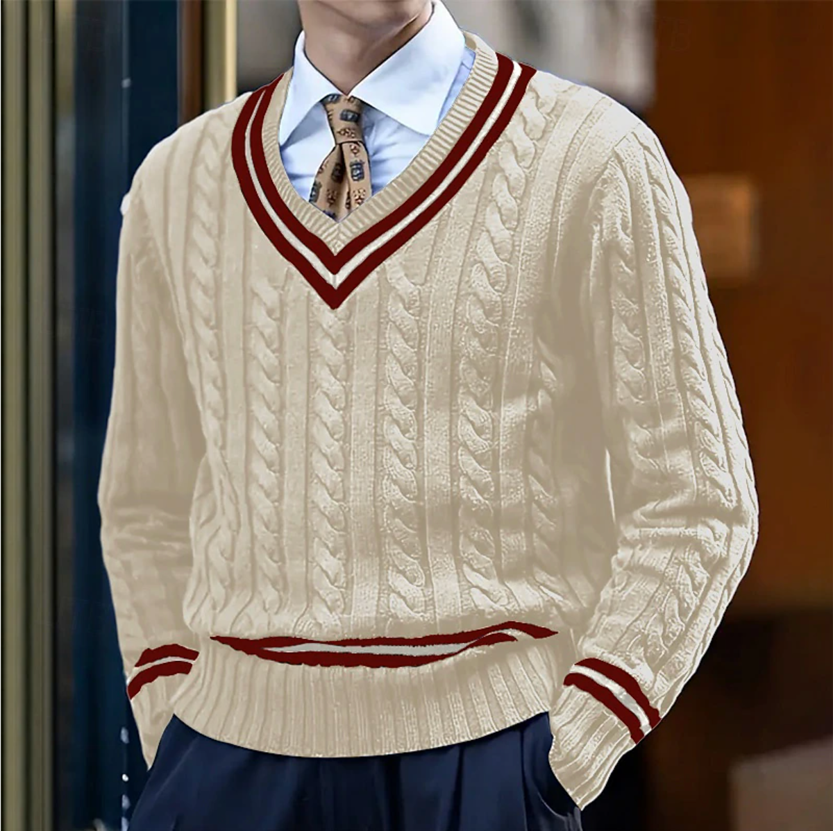 PLUXSTYLE::numise::mens-textured-v-neck-sweater::lifestyle-keep-1