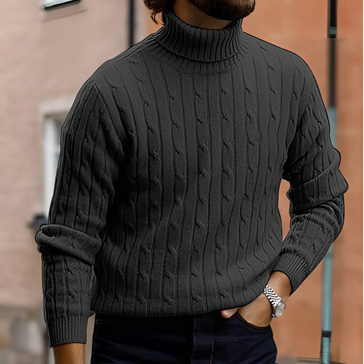 PLUXSTYLE::numise::mens-cable-turtleneck-sweater::lifestyle-keep-2