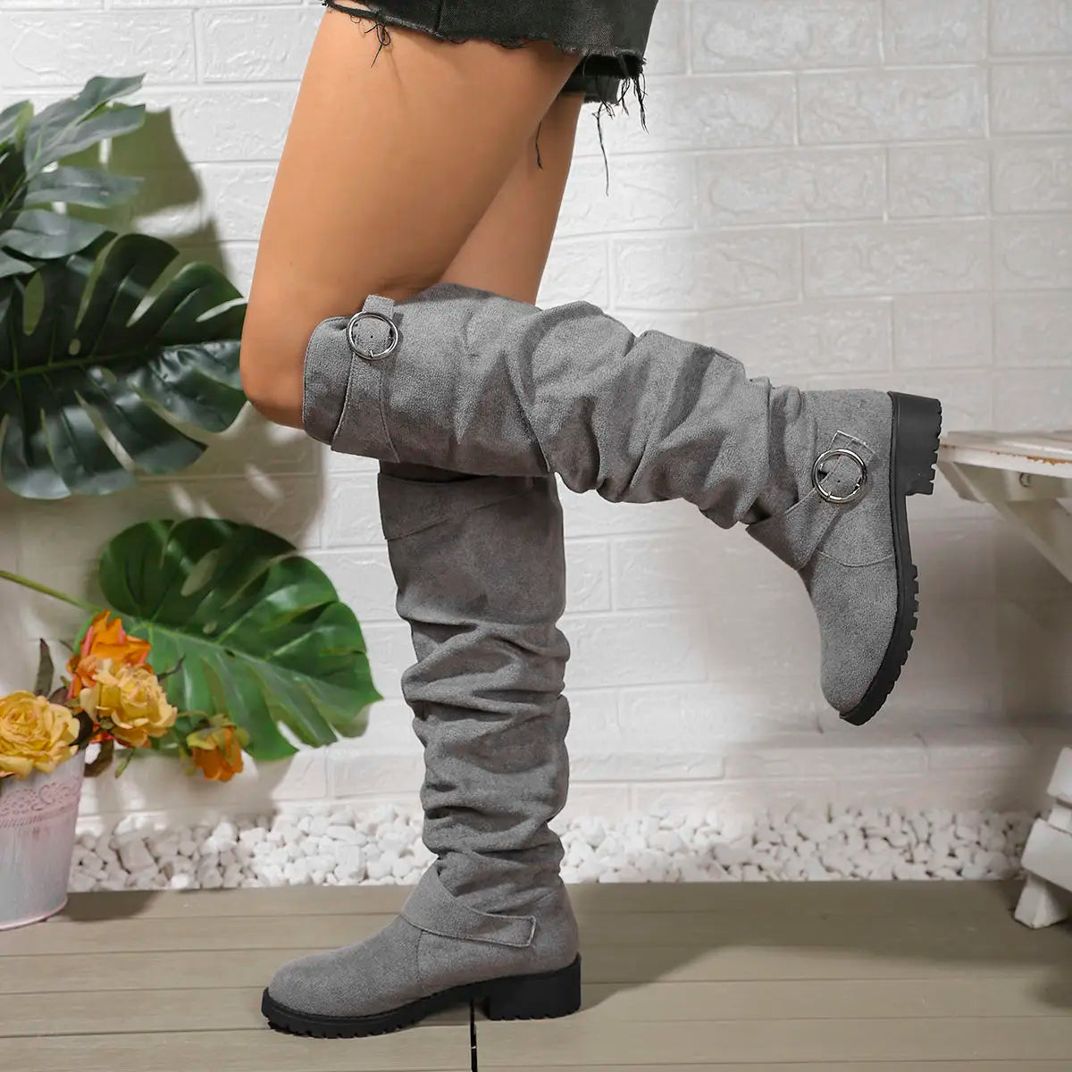 PLUXSTYLE::numise::slouchy-buckle-knee-high-boots::lifestyle-keep-1