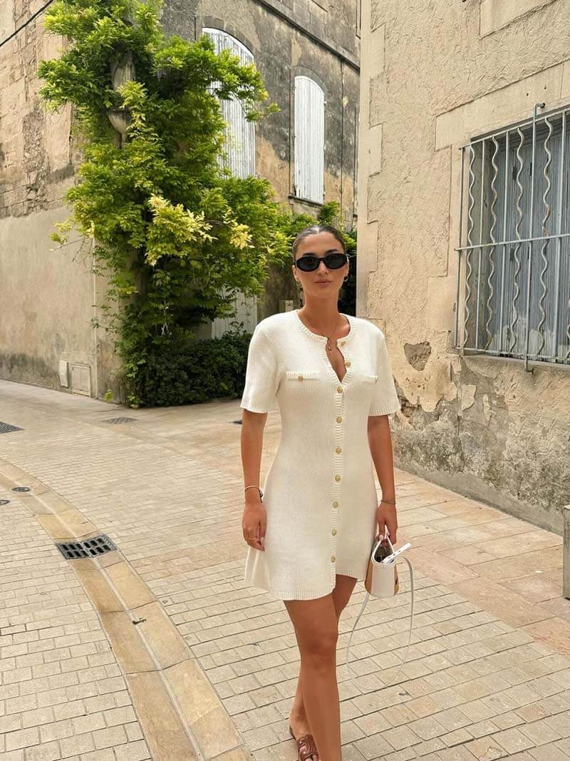 PLUXSTYLE::numise::aveline-gold-button-mini-dress::lifestyle-keep-1