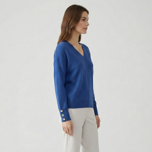 Relaxed V-Neck Sweater With Buttoned Cuffs