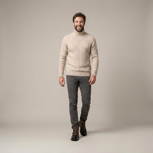 PLUXSTYLE::numise::mens-cable-turtleneck-sweater::front