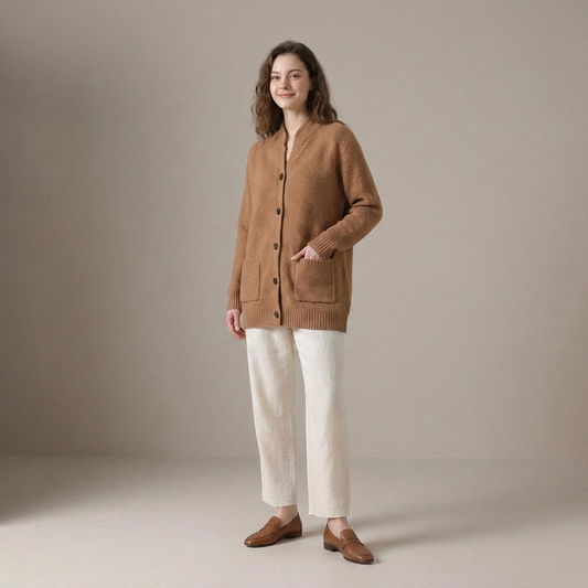 PLUXSTYLE::numise::relaxed-button-front-cardigan::front
