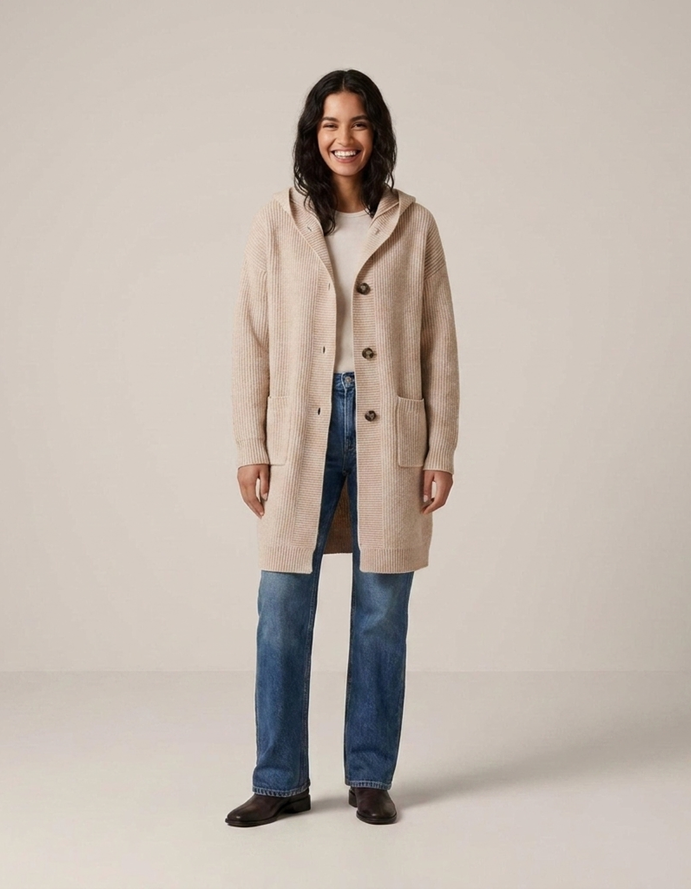 PLUXSTYLE::numise::longline-hooded-cardigan::front