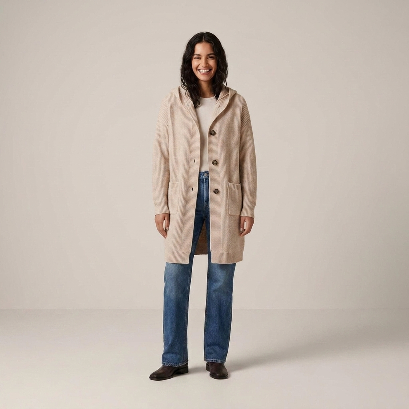 PLUXSTYLE::numise::longline-hooded-cardigan::front