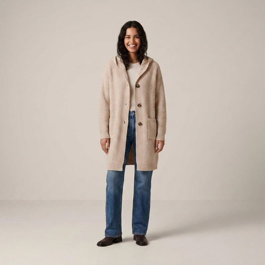 PLUXSTYLE::numise::longline-hooded-cardigan::front