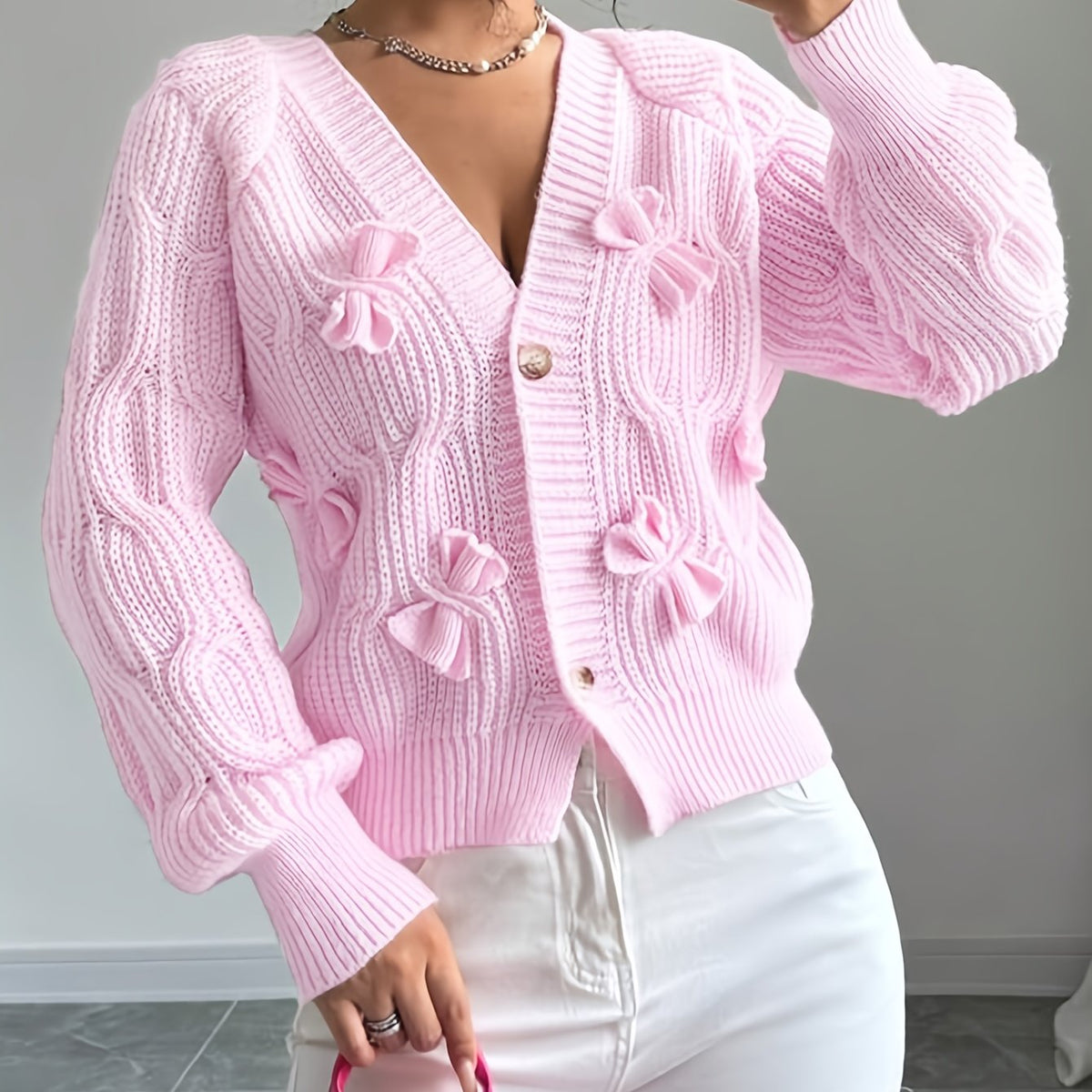 Soft Bow-Detail Long Sleeve Cardigan
