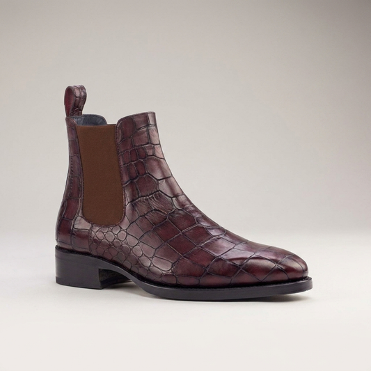PLUXSTYLE::numise::mens-alligator-print-chelsea-boots::closeup-hero