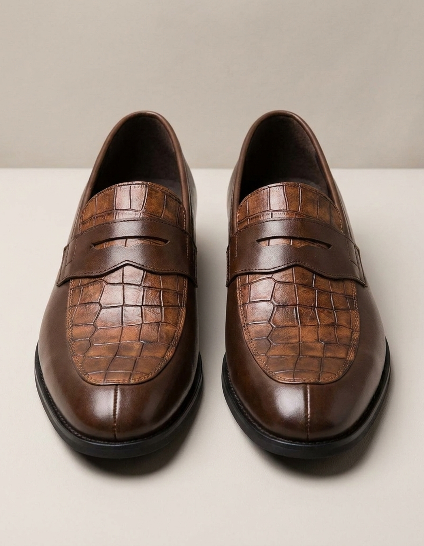 PLUXSTYLE::numise::mens-croc-embossed-penny-loafers::pack-brown
