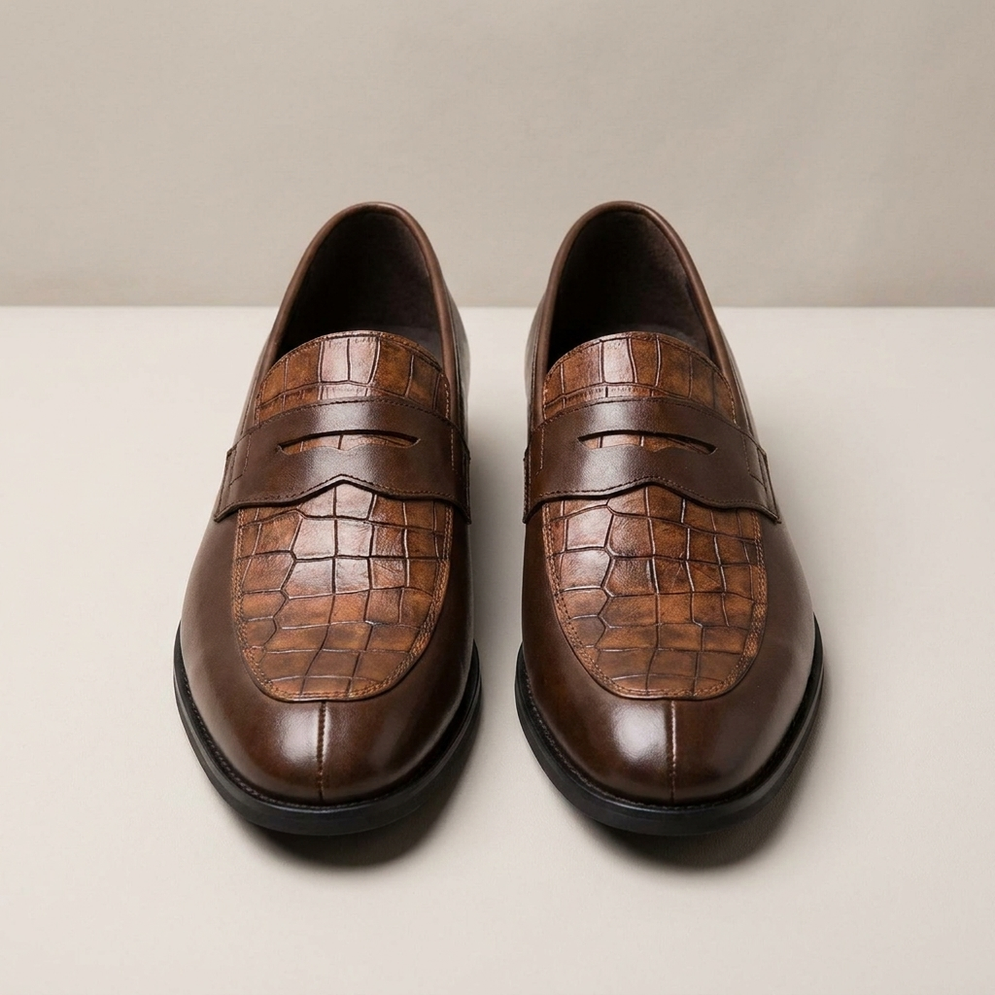 PLUXSTYLE::numise::mens-croc-embossed-penny-loafers::pack-brown