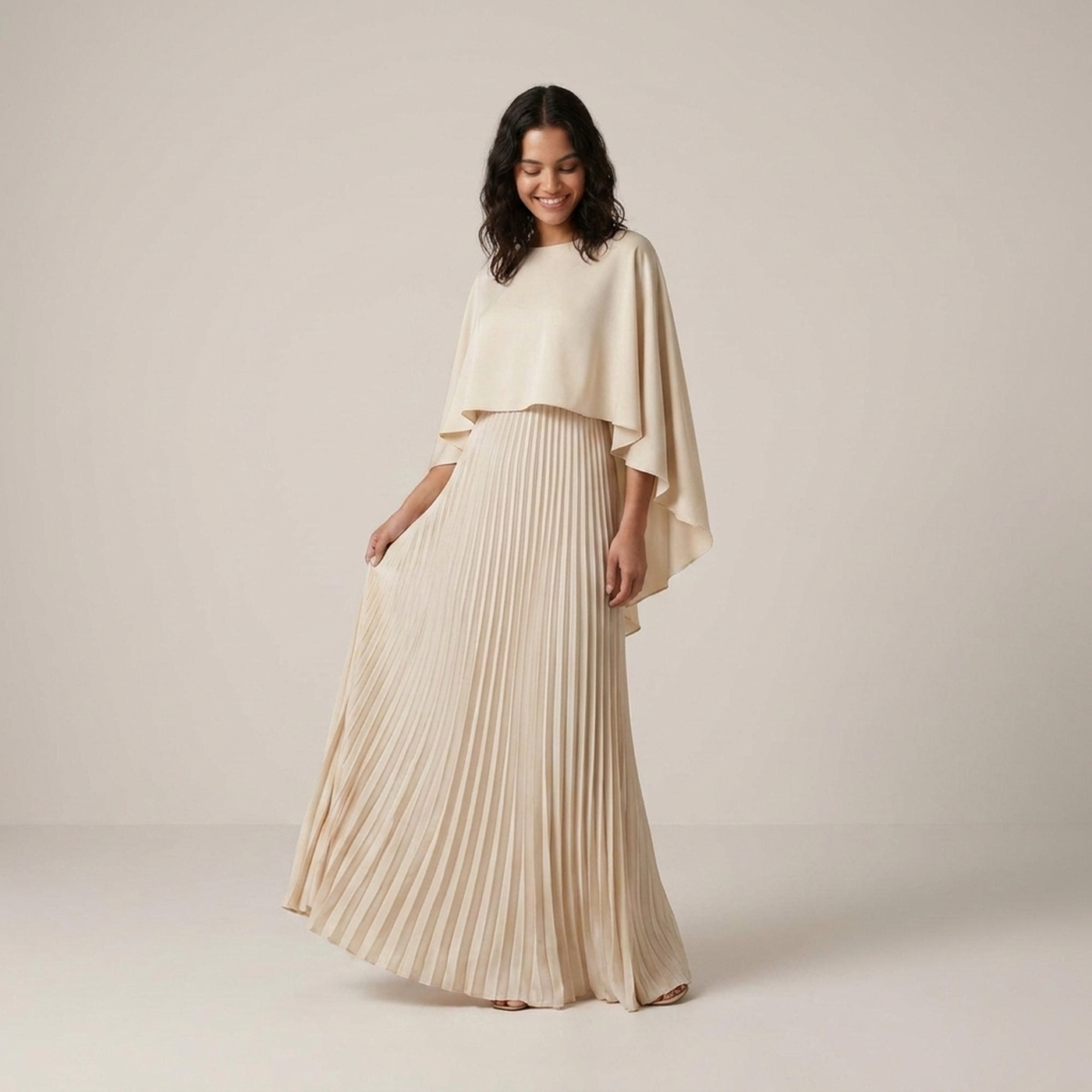 PLUXSTYLE::numise::alicia-pleated-cape-maxi-dress::front-v2