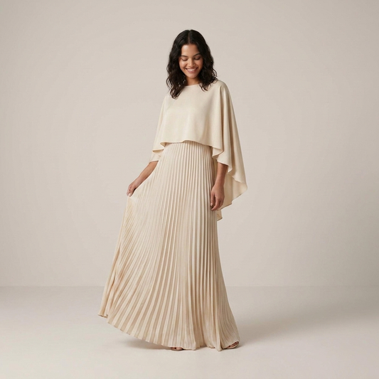 PLUXSTYLE::numise::alicia-pleated-cape-maxi-dress::front-v2