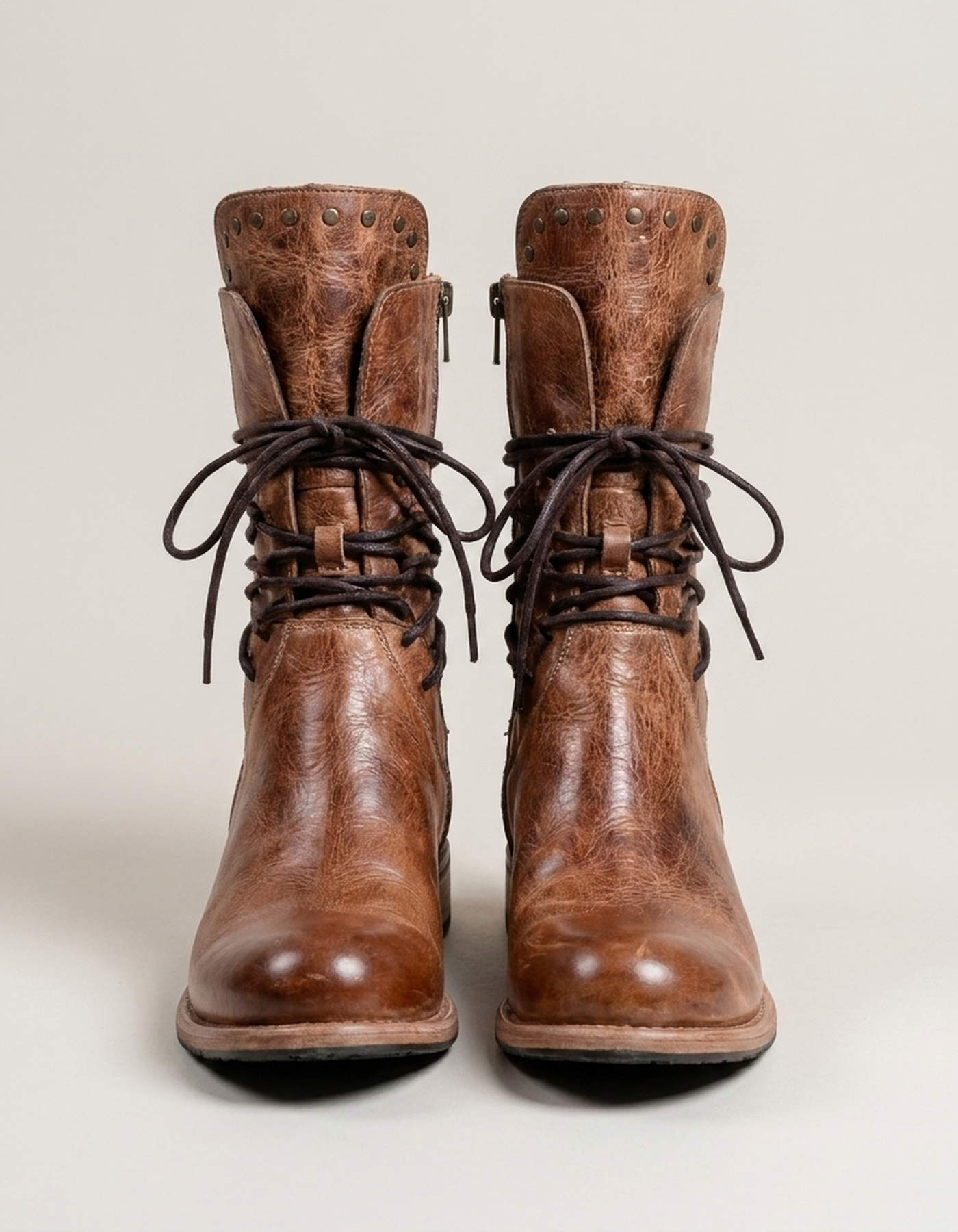 PLUXSTYLE::numise::studded-lace-up-ankle-boots::pack-brown