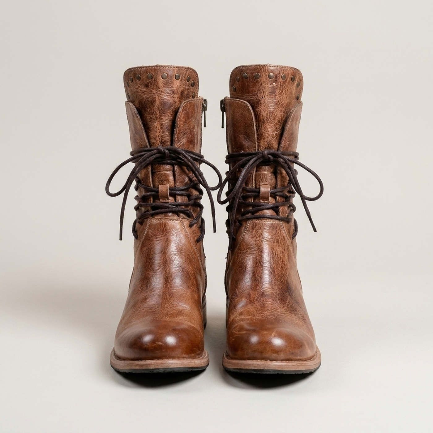 PLUXSTYLE::numise::studded-lace-up-ankle-boots::pack-brown