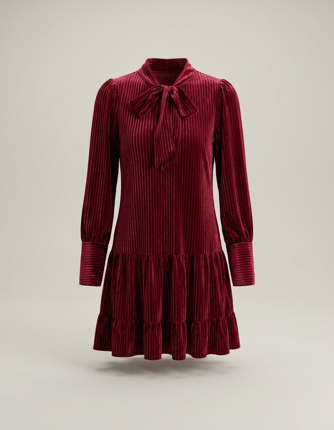 PLUXSTYLE::numise::bow-neck-long-sleeve-mini-dress::pack-burgundy