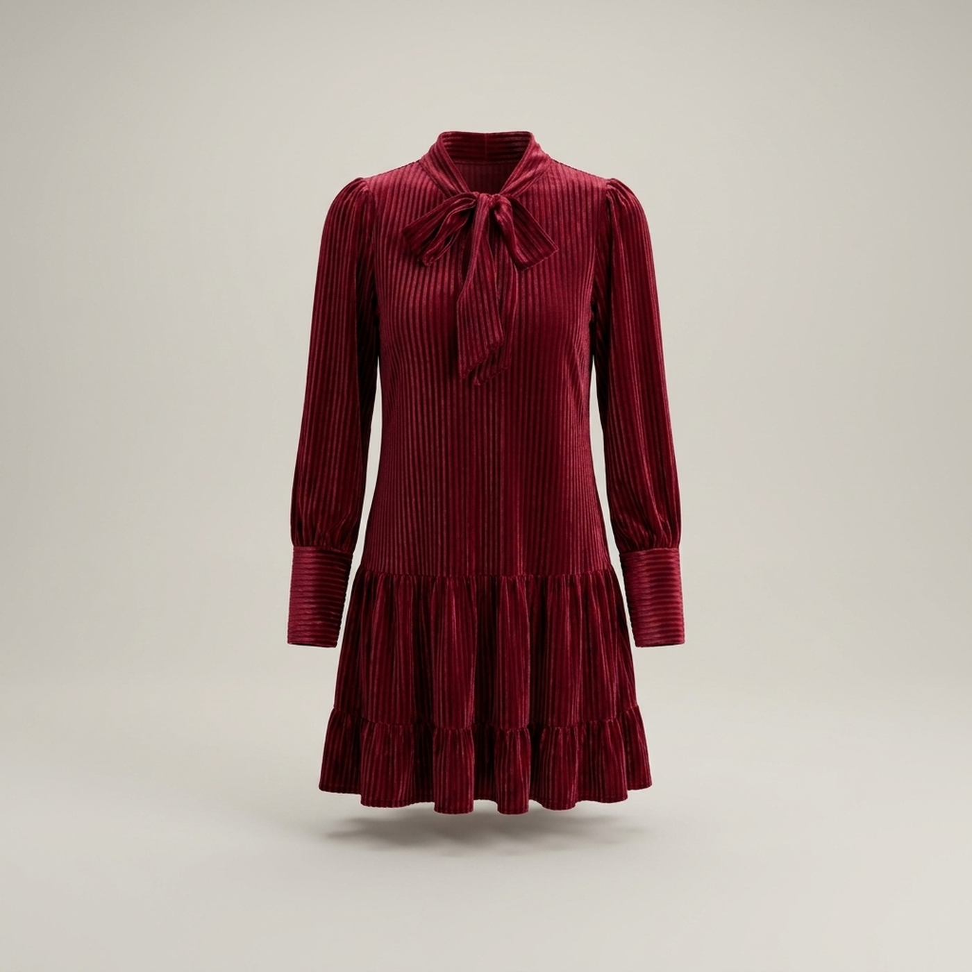 PLUXSTYLE::numise::bow-neck-long-sleeve-mini-dress::pack-burgundy