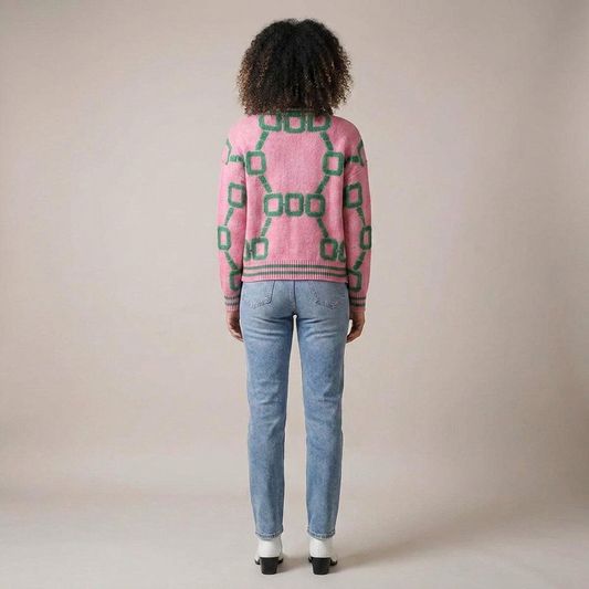 PLUXSTYLE::numise::geometric-v-neck-cardigan::back