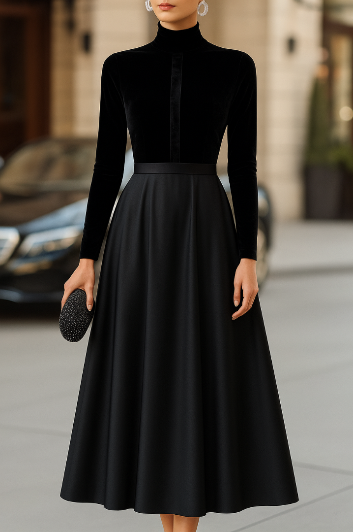PLUXSTYLE::numise::ava-black-fit-and-flare-midi-dress::lifestyle-keep-1