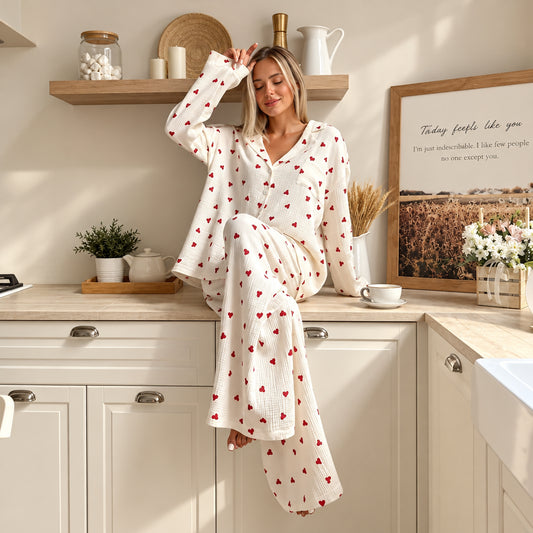Heart Print Wide-Leg Pajama Set