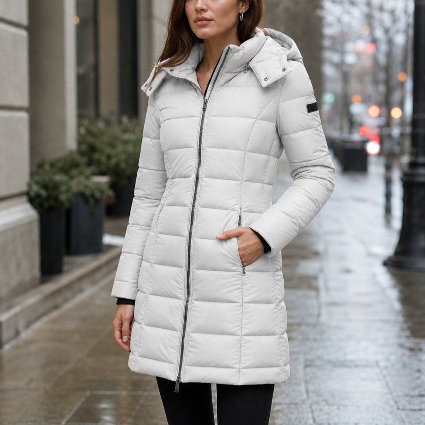 Jenna | Chaqueta acolchada con capucha de largo medio para invierno para mujer