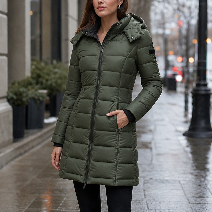 Jenna | Chaqueta acolchada con capucha de largo medio para invierno para mujer