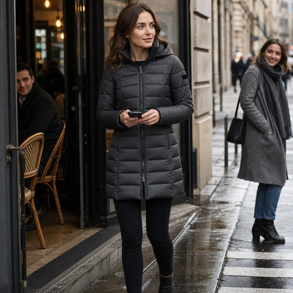 Jenna | Chaqueta acolchada con capucha de largo medio para invierno para mujer