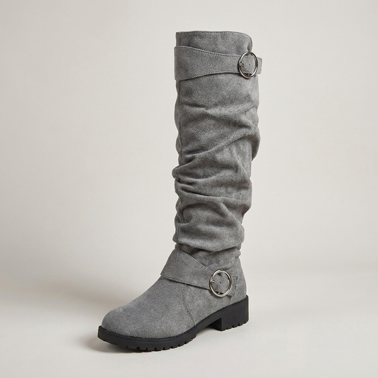 PLUXSTYLE::numise::slouchy-buckle-knee-high-boots::closeup-hero