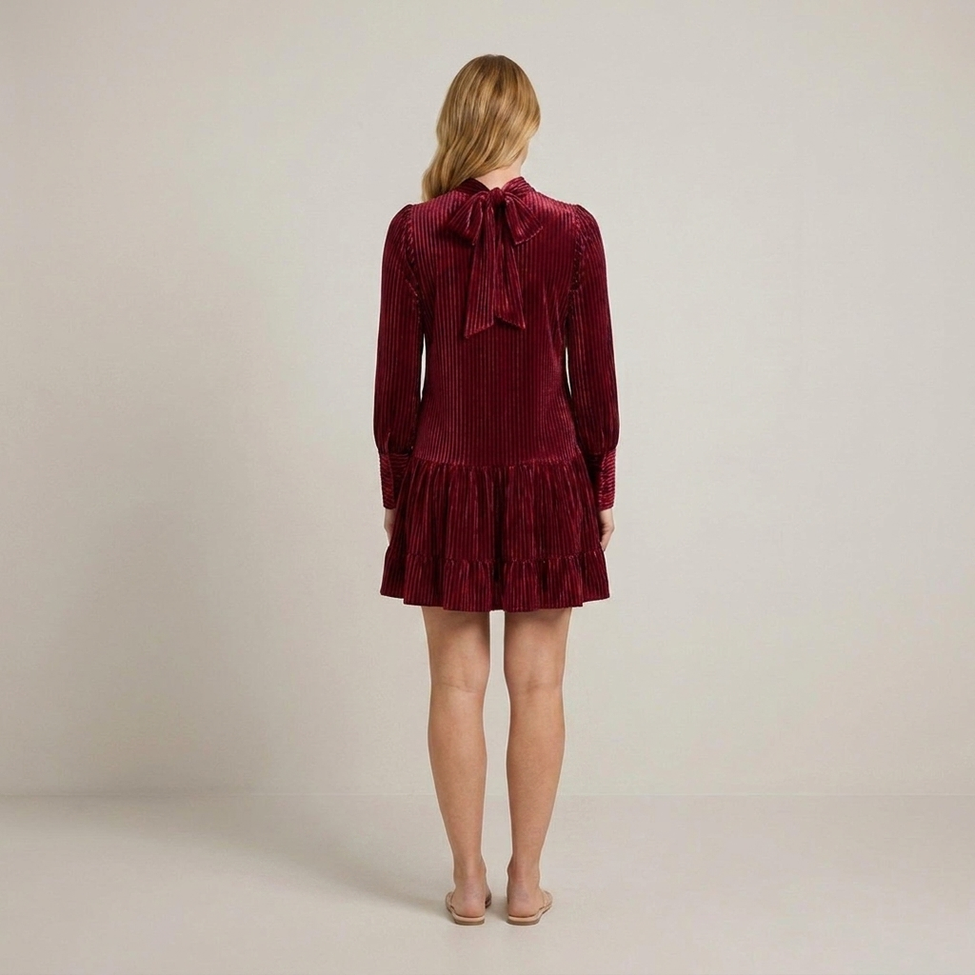 PLUXSTYLE::numise::bow-neck-long-sleeve-mini-dress::back