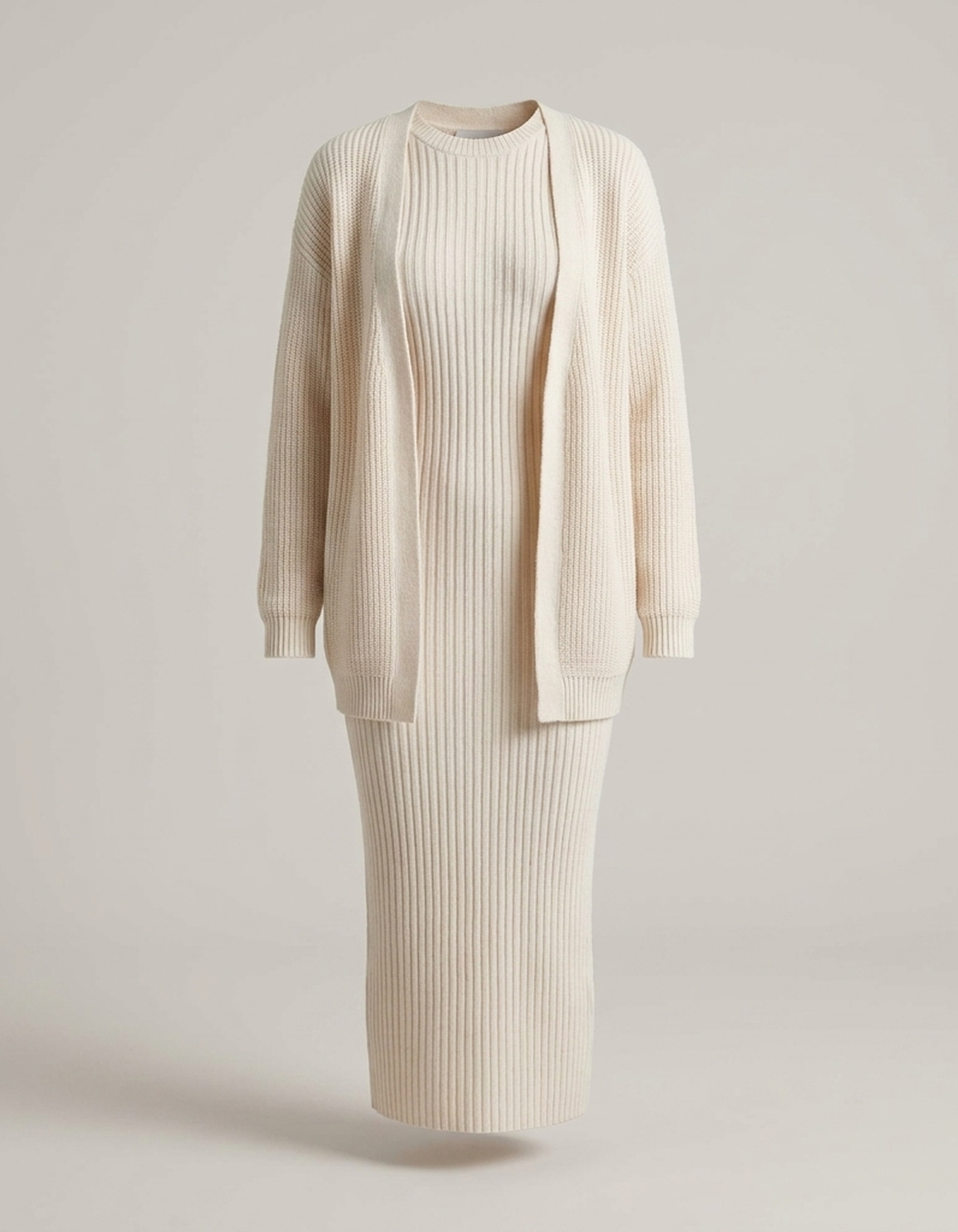 PLUXSTYLE::numise::slim-fit-cardigan-dress-set::pack-cream