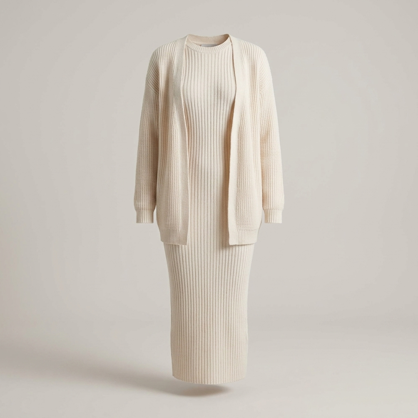 PLUXSTYLE::numise::slim-fit-cardigan-dress-set::pack-cream