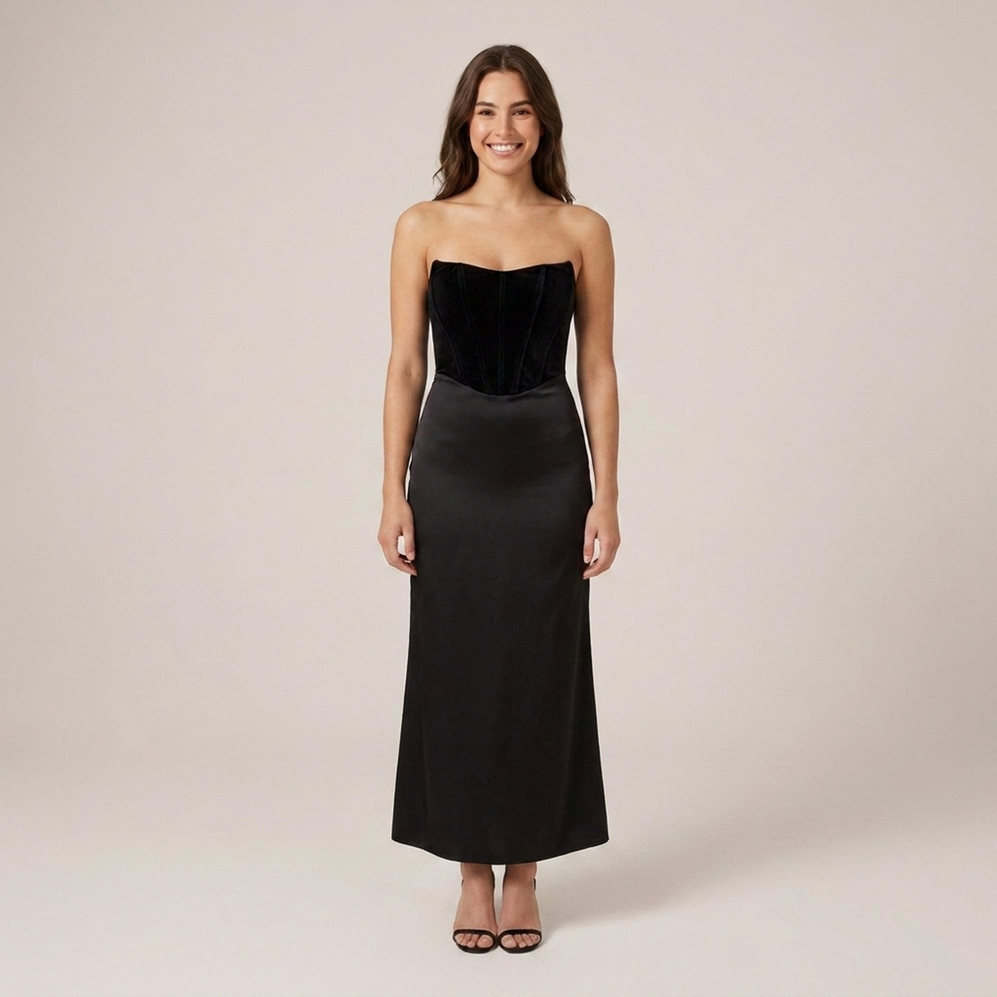PLUXSTYLE::numise::strapless-corset-maxi-dress::front