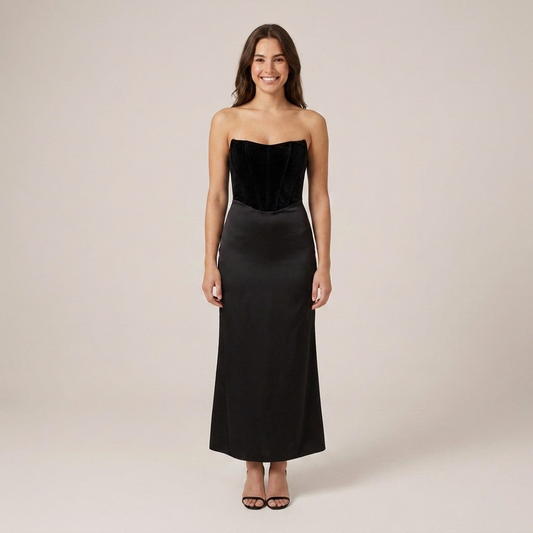 PLUXSTYLE::numise::strapless-corset-maxi-dress::front