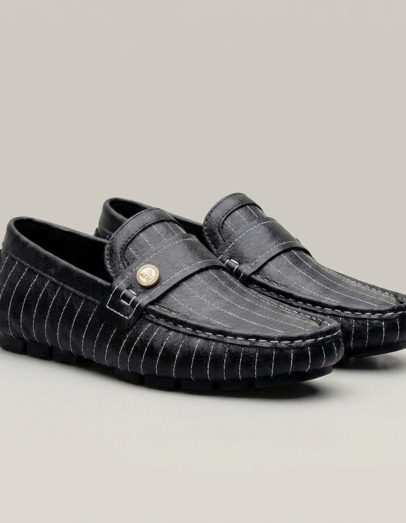 PLUXSTYLE::numise::mens-pinstripe-penny-loafers::closeup-detail