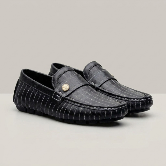PLUXSTYLE::numise::mens-pinstripe-penny-loafers::closeup-detail