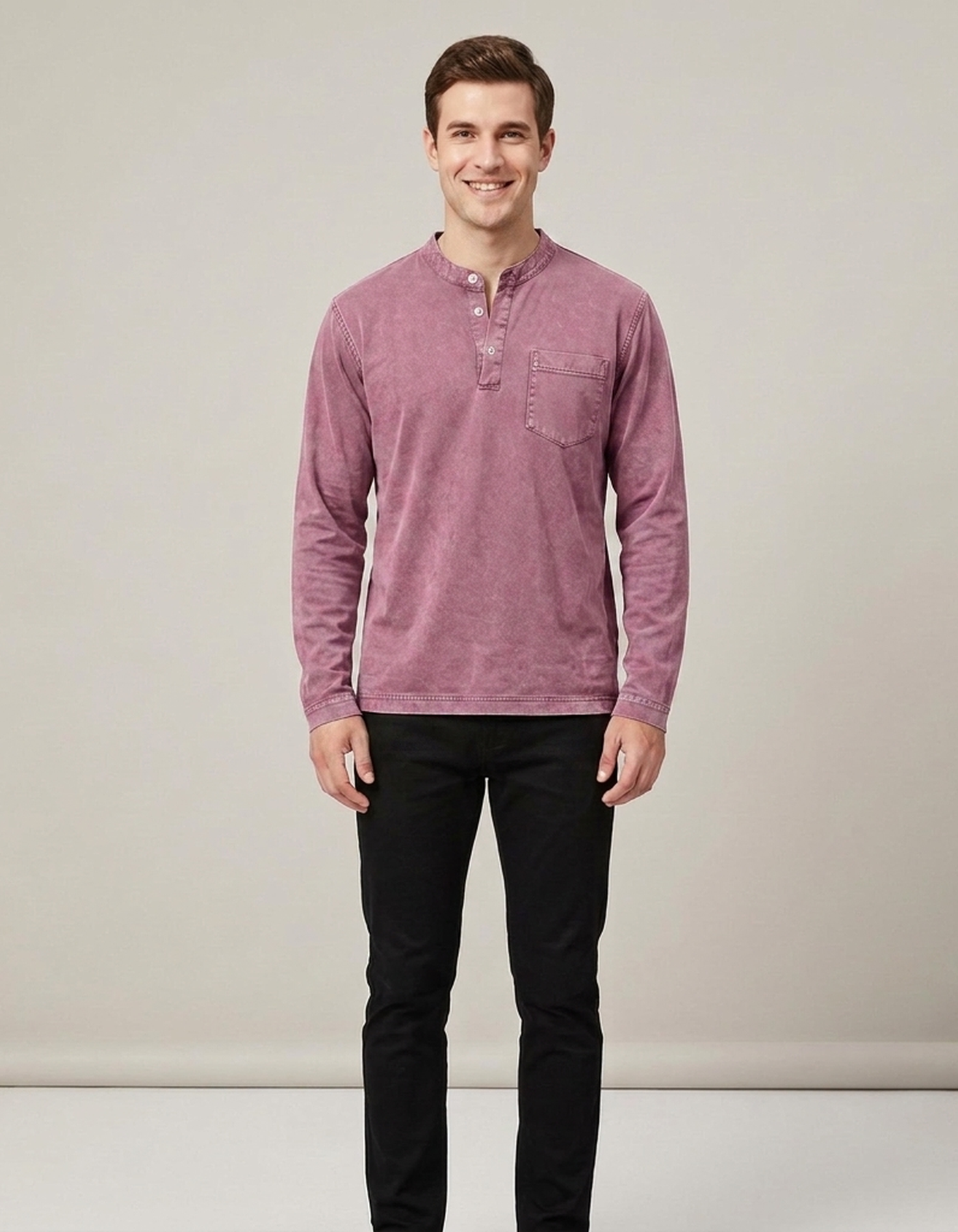 PLUXSTYLE::numise::mens-vintage-wash-henley-top::front