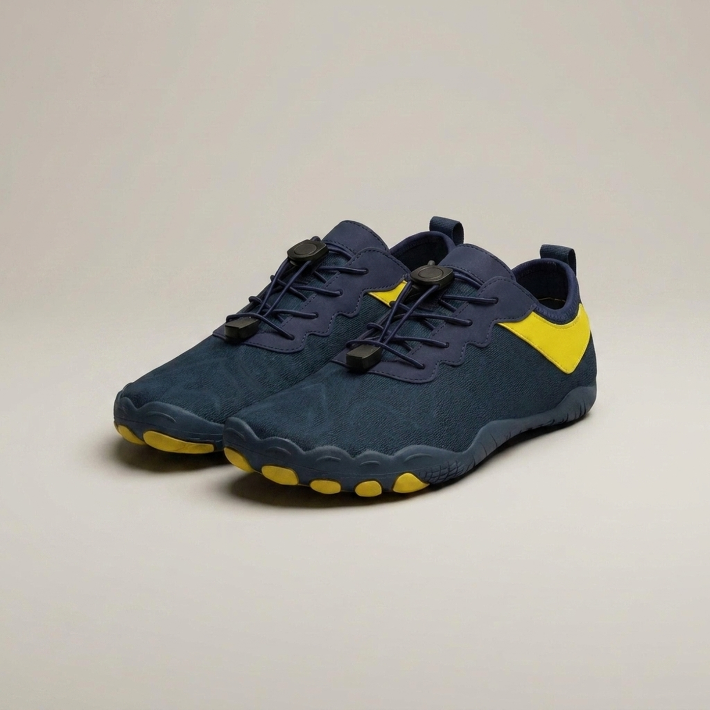 PLUXSTYLE::numise::mens-toggle-lace-barefoot-sneakers::closeup-detail