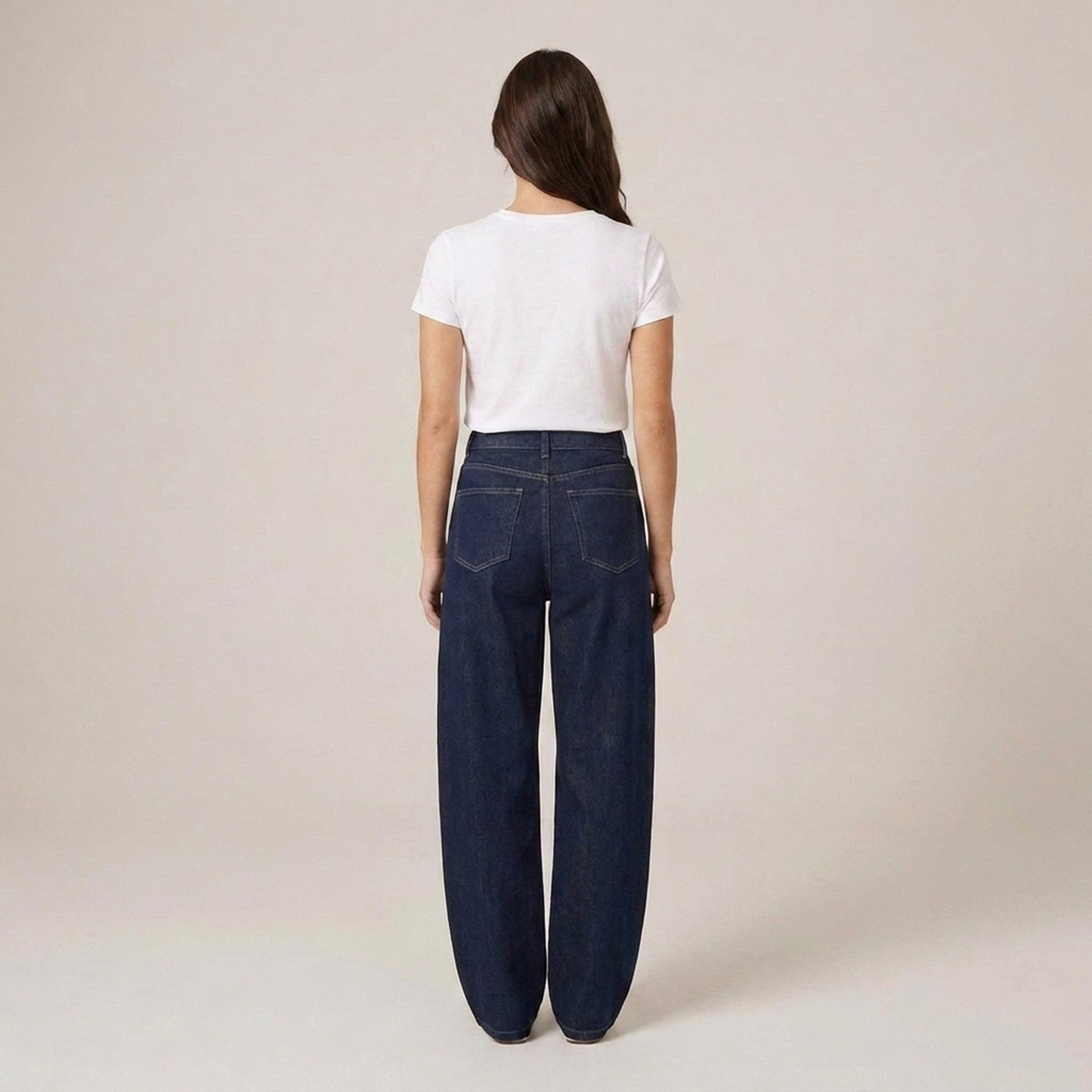 PLUXSTYLE::numise::indigo-barrel-leg-jeans::back