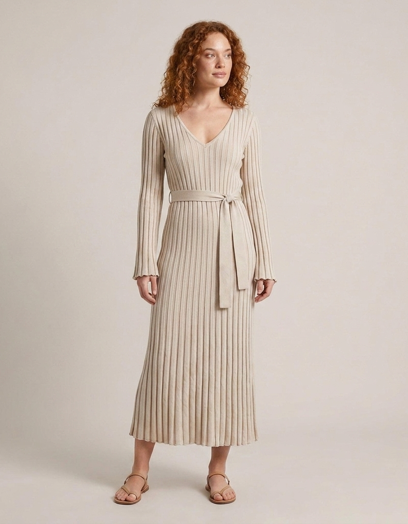 PLUXSTYLE::numise::v-neck-tie-waist-midi-dress::front