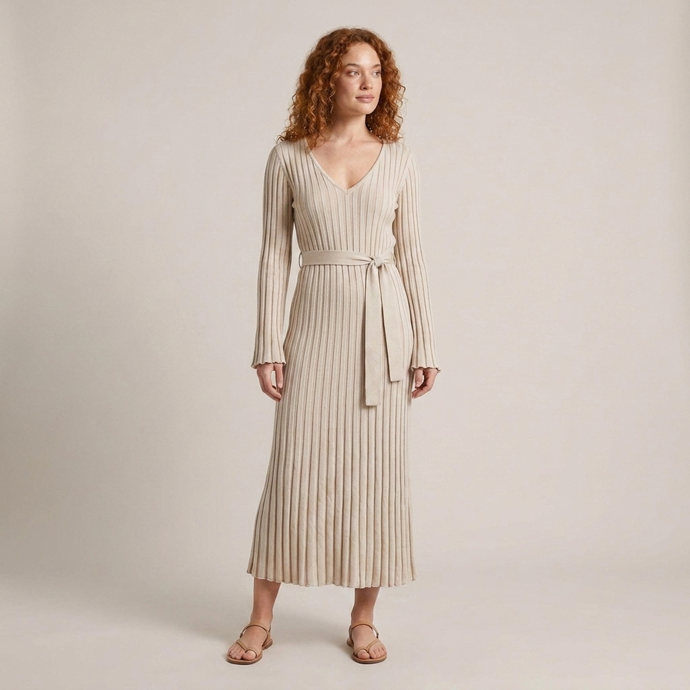 PLUXSTYLE::numise::v-neck-tie-waist-midi-dress::front