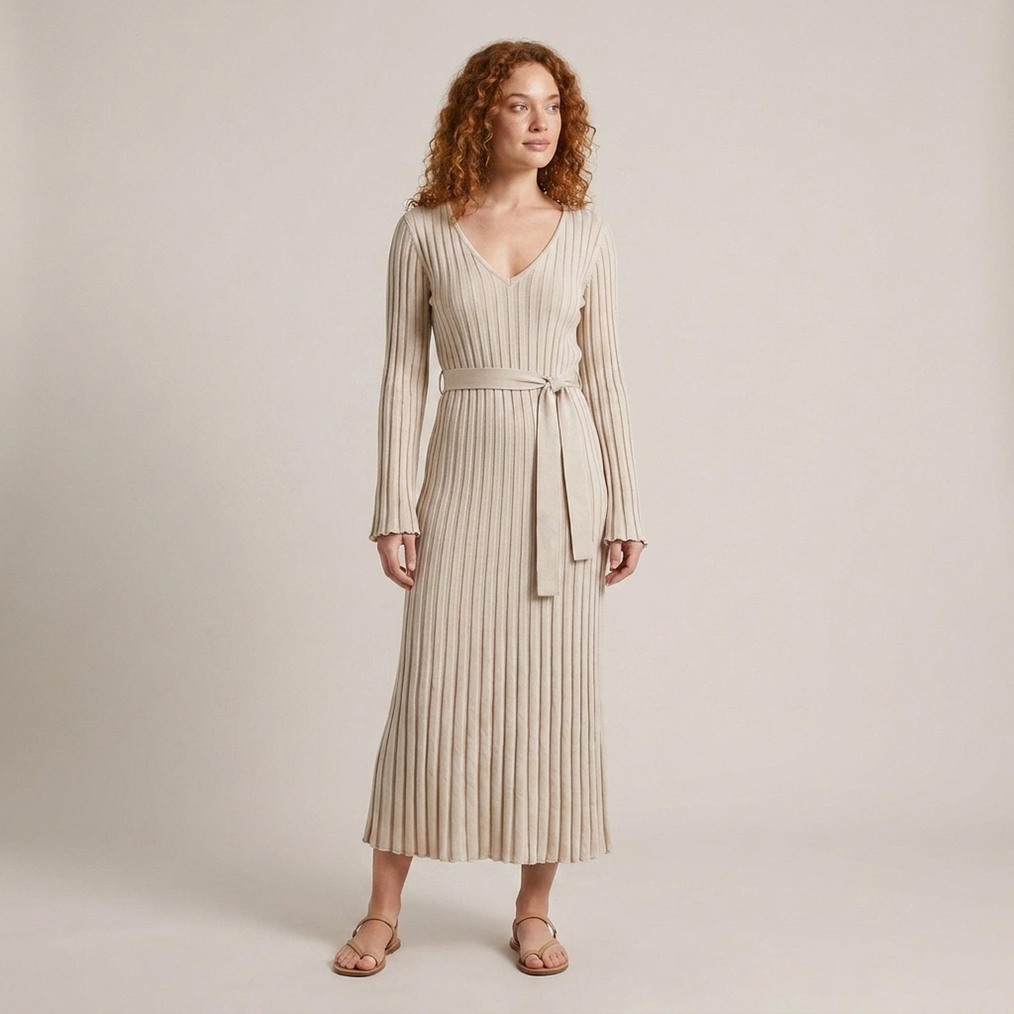 PLUXSTYLE::numise::v-neck-tie-waist-midi-dress::front