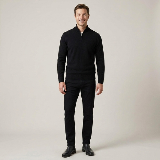 PLUXSTYLE::numise::mens-high-neck-half-zip-sweater::front