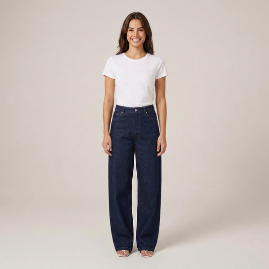 PLUXSTYLE::numise::indigo-barrel-leg-jeans::front