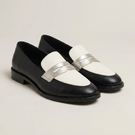 PLUXSTYLE::numise::abby-black-white-loafers::closeup-detail