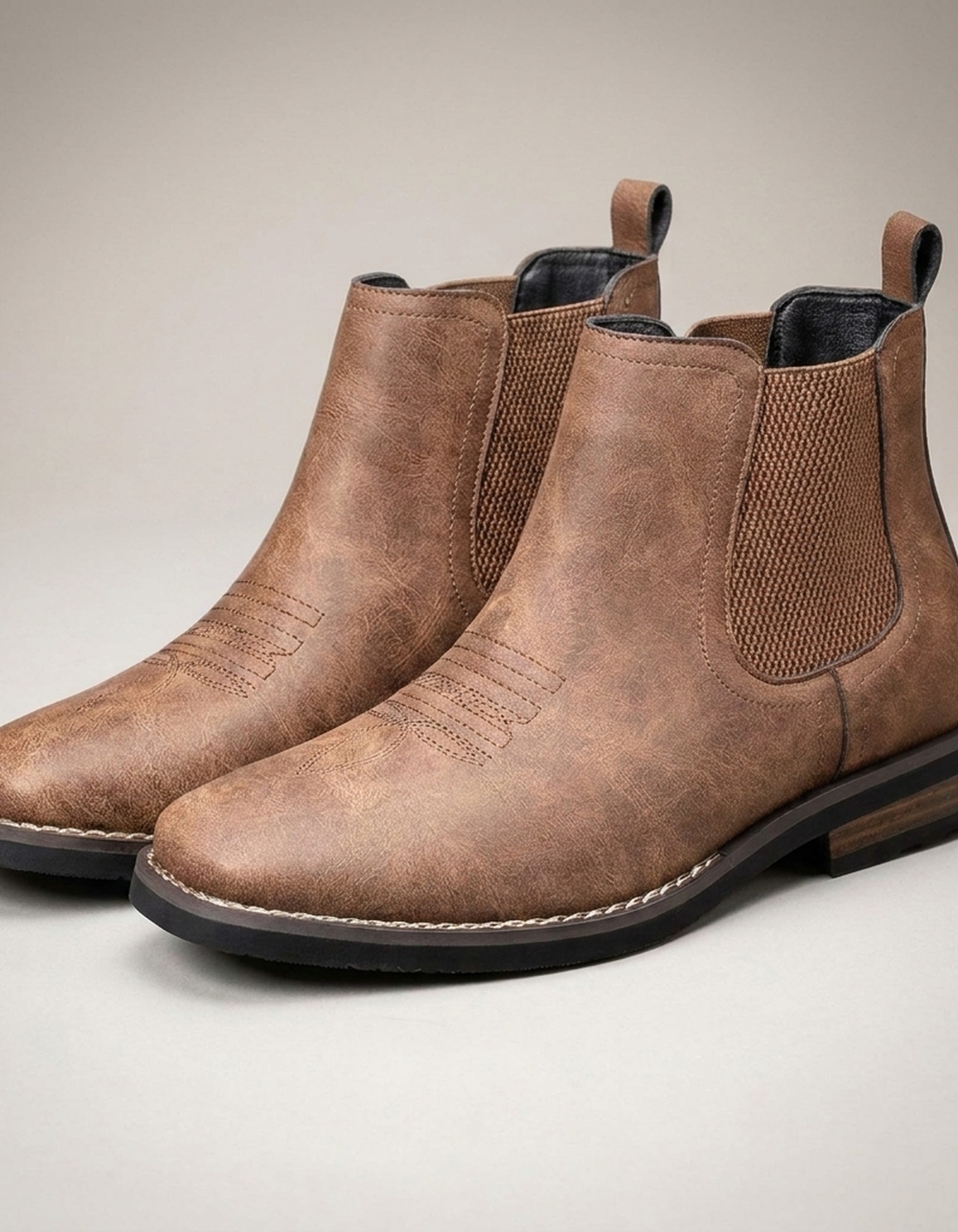 PLUXSTYLE::numise::square-toe-chelsea-ankle-boots::closeup-detail