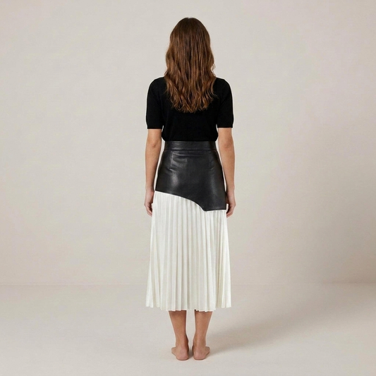 PLUXSTYLE::numise::asymmetric-pleated-midi-skirt::back