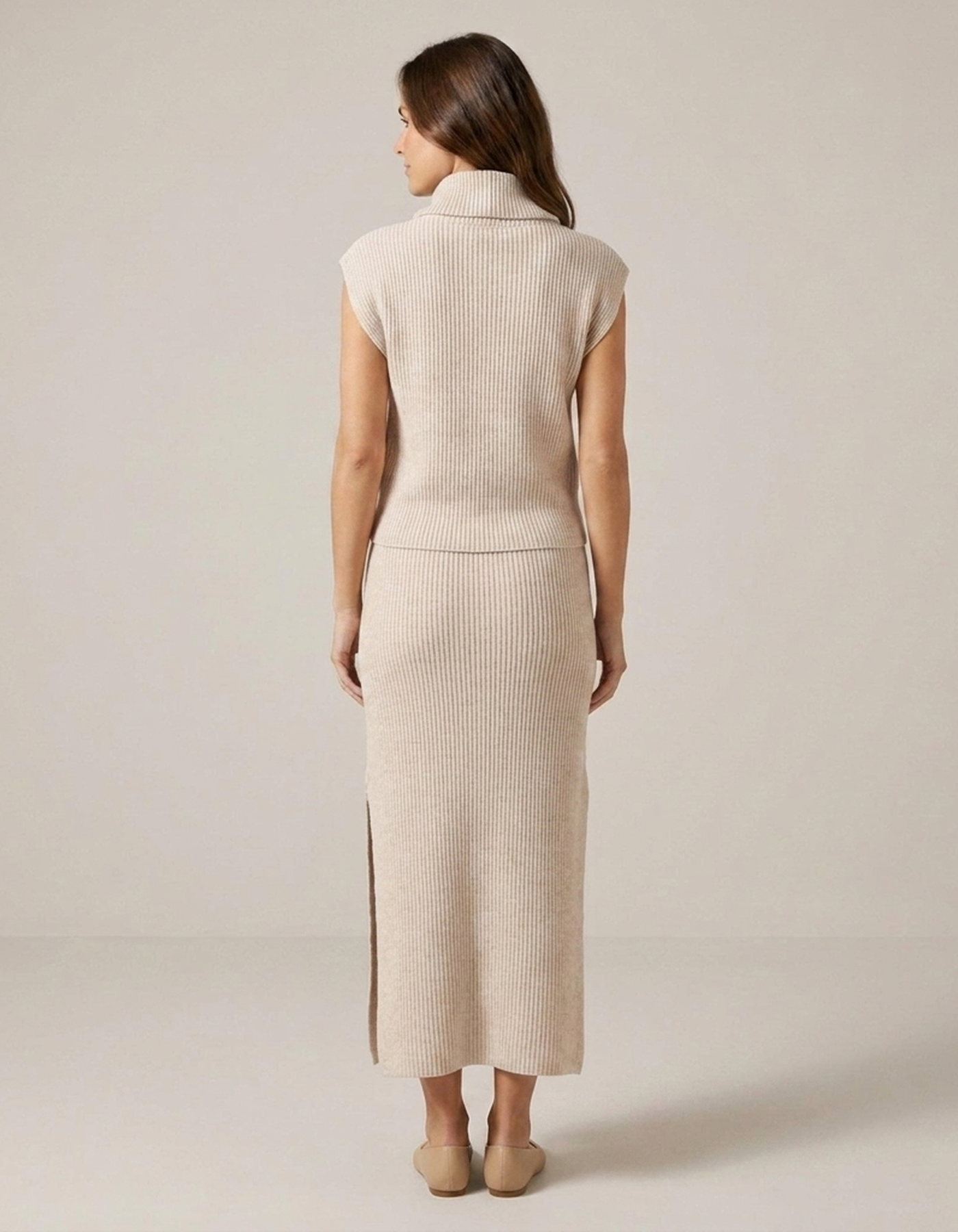 PLUXSTYLE::numise::sleeveless-draped-neck-midi-dress::back