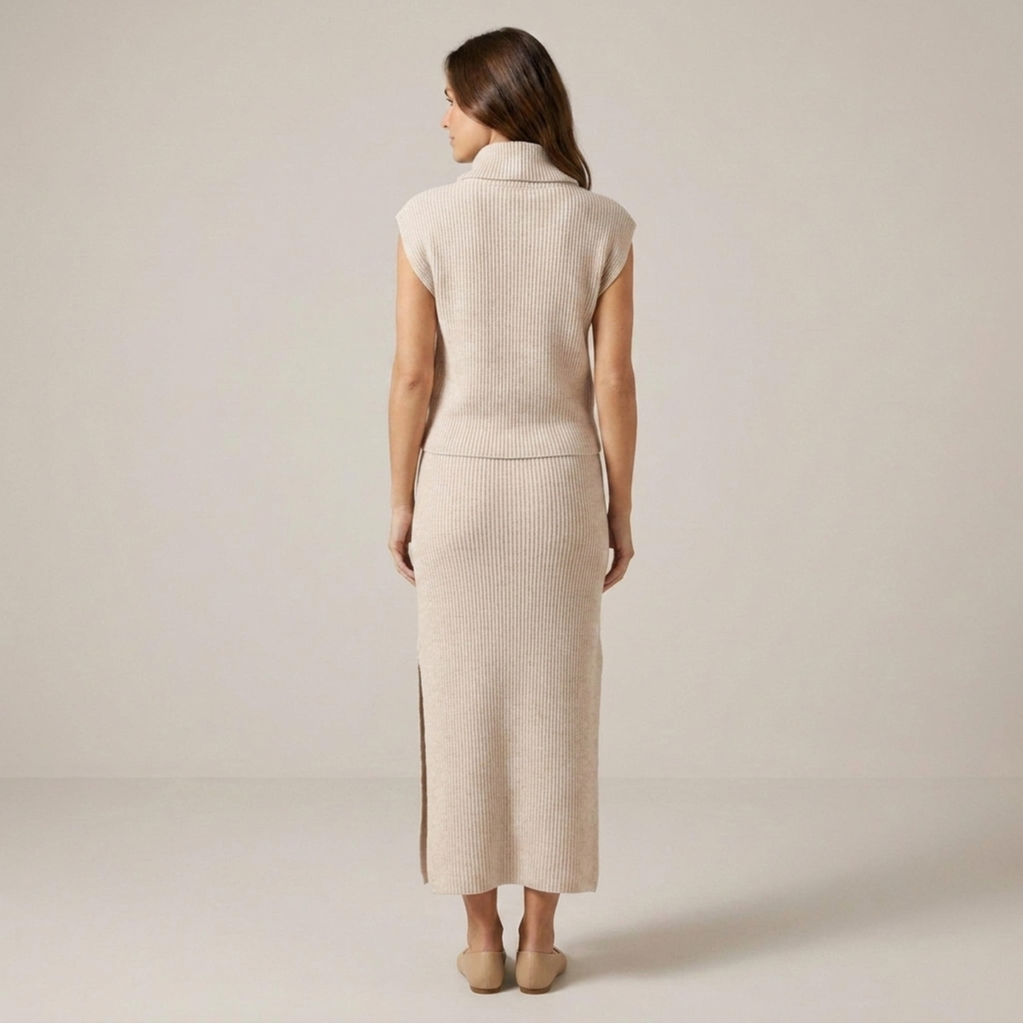 PLUXSTYLE::numise::sleeveless-draped-neck-midi-dress::back