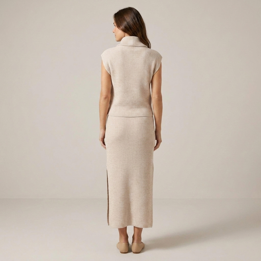 PLUXSTYLE::numise::sleeveless-draped-neck-midi-dress::back